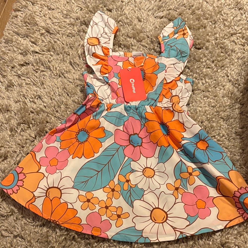 PatPat Floral Kids Dress - Orange, Pink, Blue